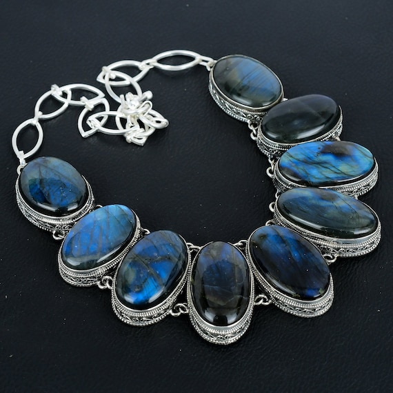 Handmade Labradorite Necklace: 925 Sterling Silver Adjustable Chain