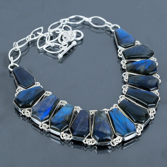 Handmade Coffin Labradorite Necklace: 925 Sterling Silver, Adjustable