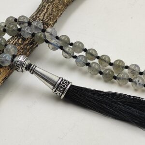 Labradorite Mala Necklace 108 Beads Hand Knotted, Blue Flash Crystal Tassel Necklace, Yoga Meditation Prayer Beads, Transformation Jewelry