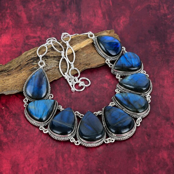 Labradorite Necklace, Natural Blue Labradorite 925 Sterling Silver Jewelry, Real Gemstone Handmade Jewelry, Adjustable Chain Necklace Gifts