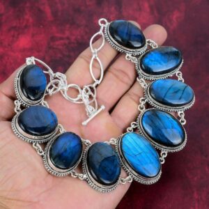 Labradorite Necklace, Natural Blue Labradorite 925 Sterling Silver Necklace, Real Gemstone Handmade Adjustable Chain Necklace Birthday Gift