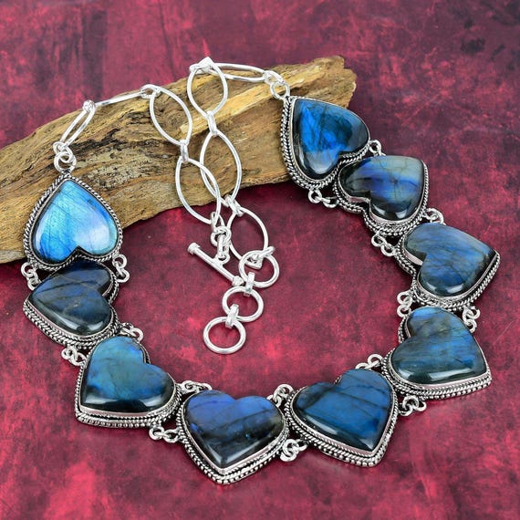 Natural Labradorite Heart Handmade Jewelry, 925 Sterling Silver Necklace, Labradorite Gemstone Necklace Statement Jewelry Wadding Gift