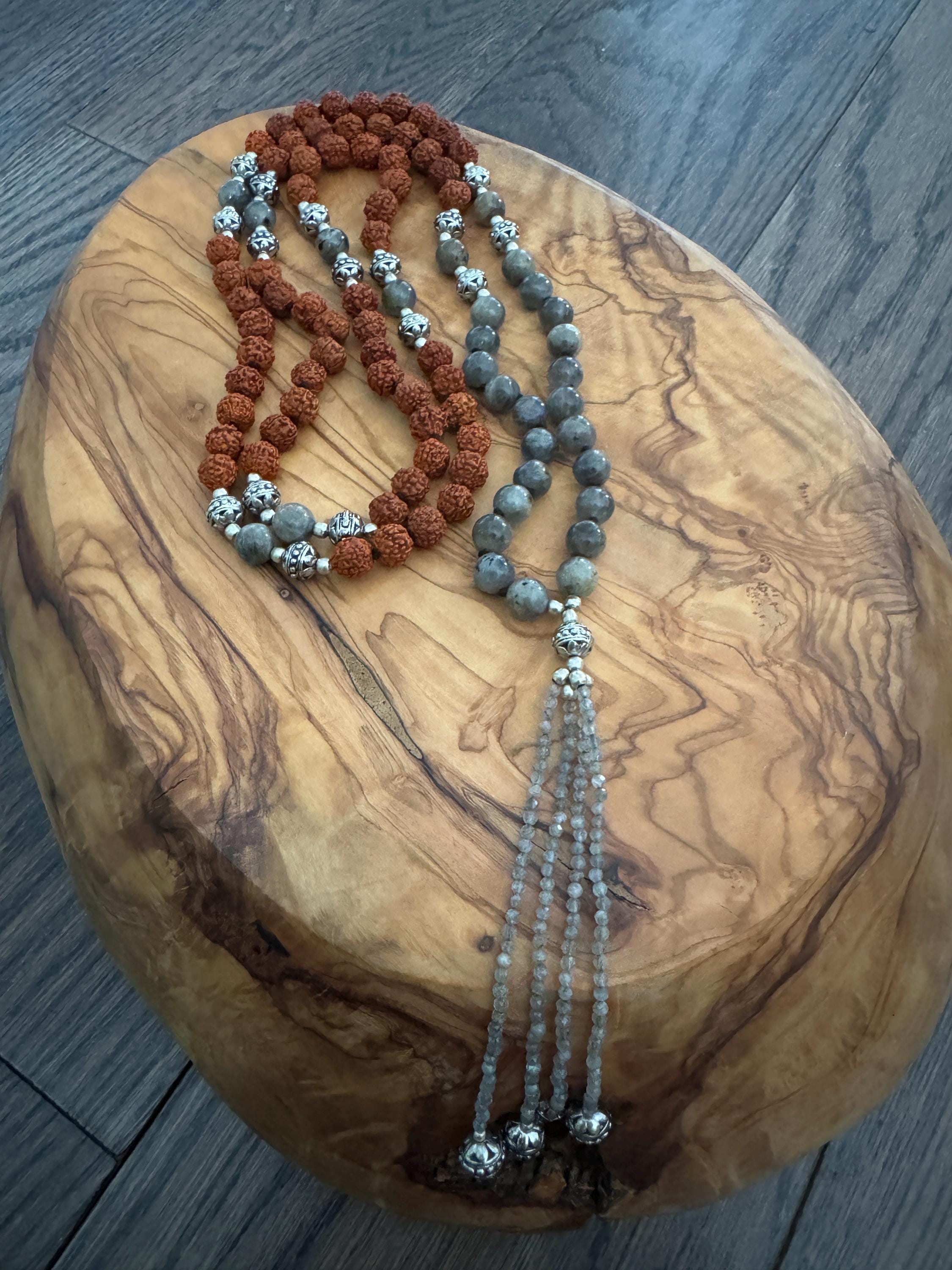 Rudraksha Labradorite 108 Mala Necklace Japa Prayer Beads Boho Knotted Rudraksha Labradorite 108 Mala Necklace Japa Prayer Beads Boho Knotted