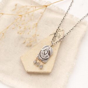 Wanderer Arch Labradorite Necklace, Unique Hand Stamped Mixed Metal Necklace, Gemstone Fringe Necklace, Labradorite Jewelry, Genuine Stones