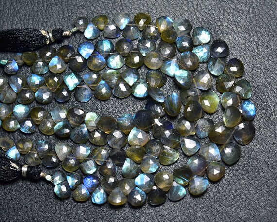 Blue Fire Labradorite Heart Beads - 7.5 Inches - Natural Beautiful Faceted Labradorite Heart Briolettes - Size Is 7- 10mm #1974