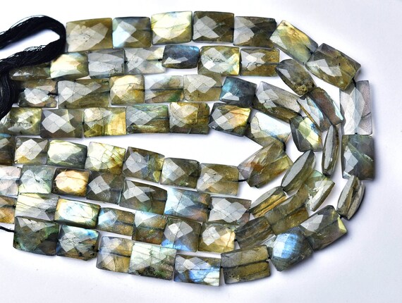 Labradorite Cushion Bead - 10 Inches - Natural Faceted Labradorite Rectangle Cushion Briolettes - Size Is 9x12- 11x18mm #2246