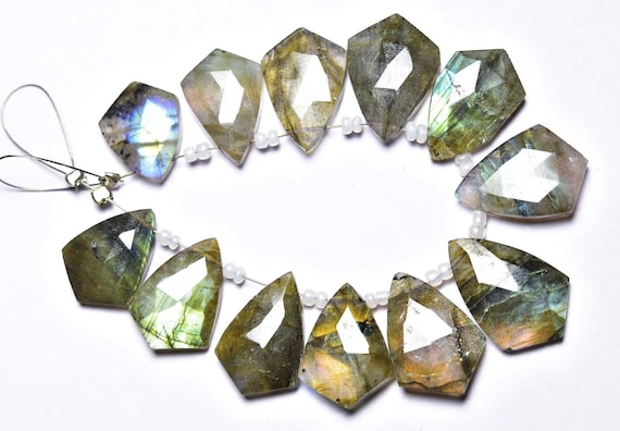 Labradorite Fancy Beads - 12 Pcs - Natural Beautiful Labradorite Faceted Side Drilled Shape Briolettes - Size Is 11x15-13x18mm #491 Labradorite Fancy Beads - 12 Pcs - Natural Beautiful Labradorite Faceted Side Drilled Shape Briolettes - Size Is 11x15-13x18mm #491