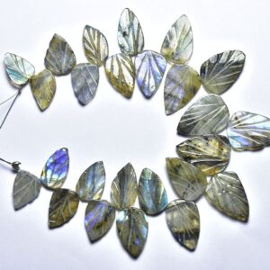 Labradorite Leaves Beads - 6.5 Inches - Natural Blue Flashes Labradorite Carving Leaf Strand - Size Is 9x15-11x18mm #666