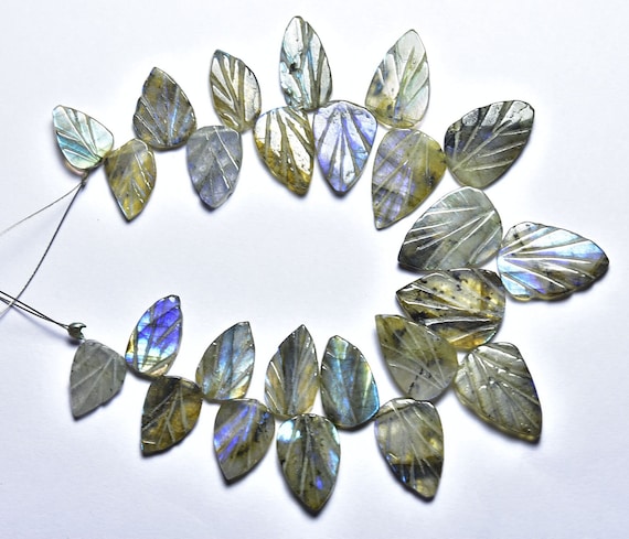 Labradorite Leaves Beads - 6.5 Inches - Natural Blue Flashes Labradorite Carving Leaf Strand - Size Is 9x15-11x18mm #666