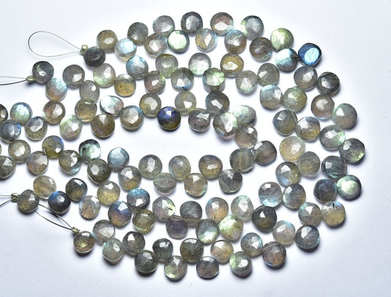 Natural Beautiful Labradorite Coin Beads - 8 Inches - Blue Flash Faceted Coin Labradorite Briolettes - Size Is 7- 8mm #2326
