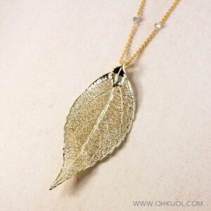 Gold Dipped Real Leaf Necklace: Evergreen Pendant, Labradorite Chain Gold Dipped Real Leaf Necklace: Evergreen Pendant, Labradorite Chain