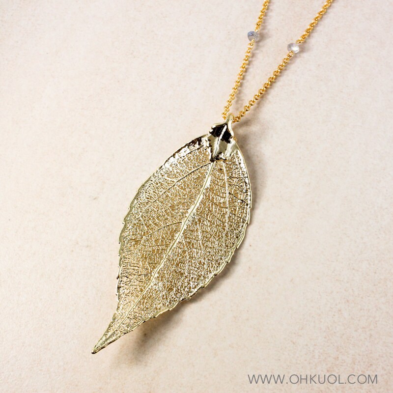 Gold Dipped Real Leaf Necklace: Evergreen Pendant, Labradorite Chain Gold Dipped Real Leaf Necklace: Evergreen Pendant, Labradorite Chain