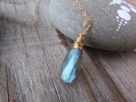 Labradorite Pendant, Gold, Wire Wrapped Labradorite Necklace, Faceted Tear Drop Solitaire Labradorite Pendant, Gold, Wire Wrapped Labradorite Necklace, Faceted Tear Drop Solitaire