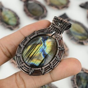 Handmade Copper Wire Wrapped Labradorite Pendant: Oval Gemstone Handmade Copper Wire Wrapped Labradorite Pendant: Oval Gemstone