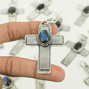 Handmade Labradorite Cross Pendant: 925 Sterling Silver Gemstone Handmade Labradorite Cross Pendant: 925 Sterling Silver Gemstone