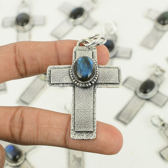 Handmade Labradorite Cross Pendant: 925 Sterling Silver Gemstone