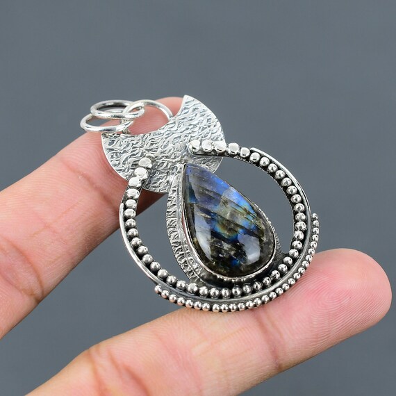 Handmade Pear Labradorite Pendant: Antique Sterling Silver Gemstone Jewelry