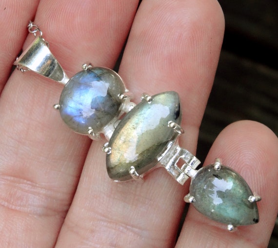 Handmade Labradorite Sterling Silver Pendant Necklace: Multi Stone Statement Jewelry