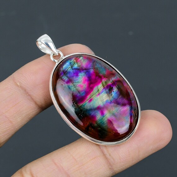 Multi Fire Labradorite Pendant: Handmade 925 Sterling Silver, Oval Pear Gemstone
