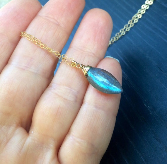 Natural Tiny Rainbow Labradorite Pendant Gold Necklace.
