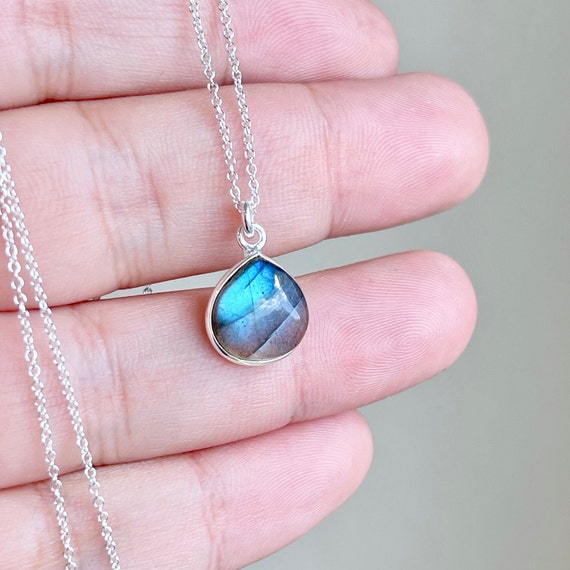 Labradorite Necklace, Blue Flash Labradorite Smooth Teardrop Pendant In Sterling Silver, Blue Layering Jewelry, Boho Delicate Gift For Her Labradorite Necklace, Blue Flash Labradorite Smooth Teardrop Pendant In Sterling Silver, Blue Layering Jewelry, Boho Delicate Gift For Her