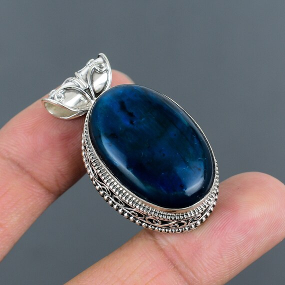 Neon Flash Labradorite 925 Sterling Silver Pendant - Handmade Vintage Jewelry