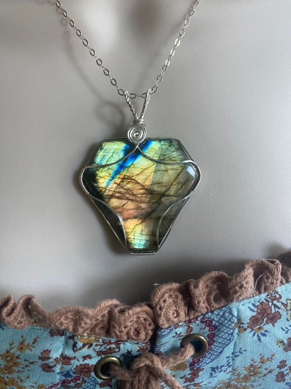 Labradorite Pendant Pink Blue Gold Copper 925 Silver Wire Wrapped Pendant- Handmade Ooak