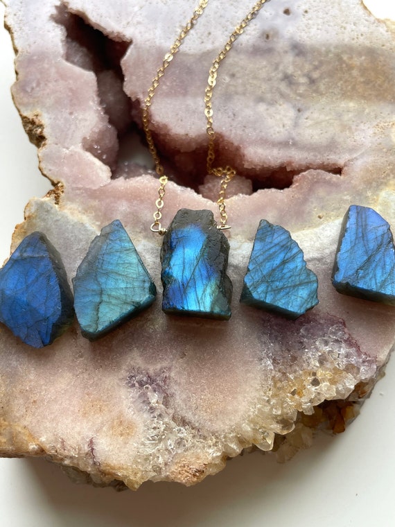Raw Labradorite Necklace: Wire Wrapped Crystal Pendant, Sterling Silver Or Gold Chain