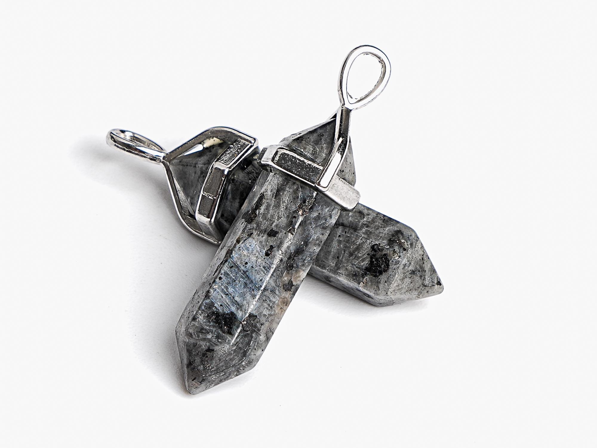 2 Pcs 33x8mm Black Labradorite Larvikite Healing Hexagonal Pointed Grade A Genuine Natural Silver Plated Cap Bulk Lot Options (116720-3589)