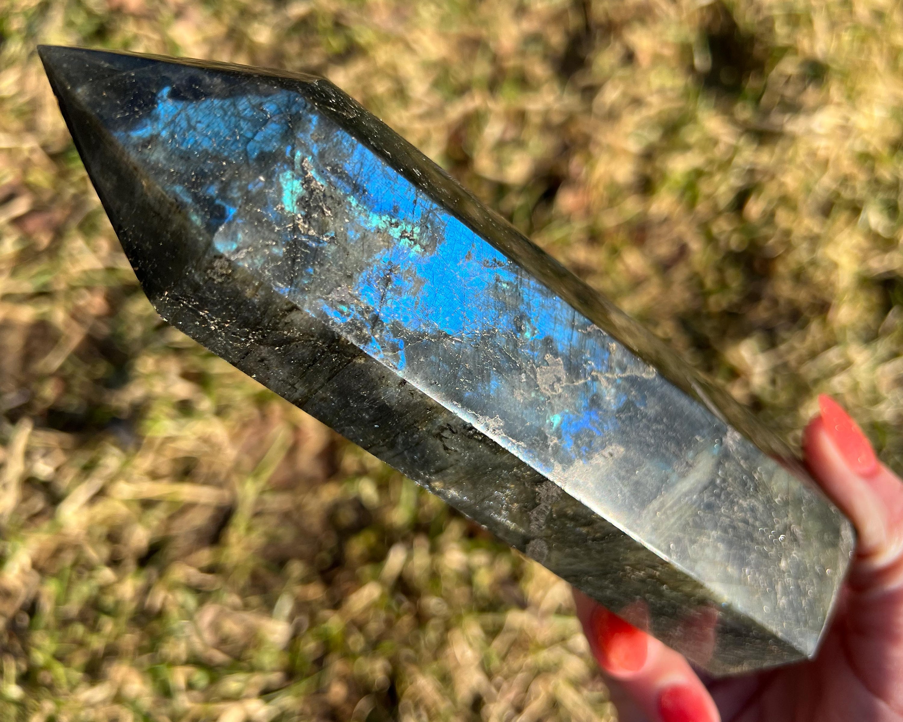 6.9" Large Labradorite Tower With Purple Pink Blue Flash, Shimmer, Big Polished Point, Self Standing, Display Piece, Crystal Home Decor #2 6.9" Large Labradorite Tower With Purple Pink Blue Flash, Shimmer, Big Polished Point, Self Standing, Display Piece, Crystal Home Decor #2