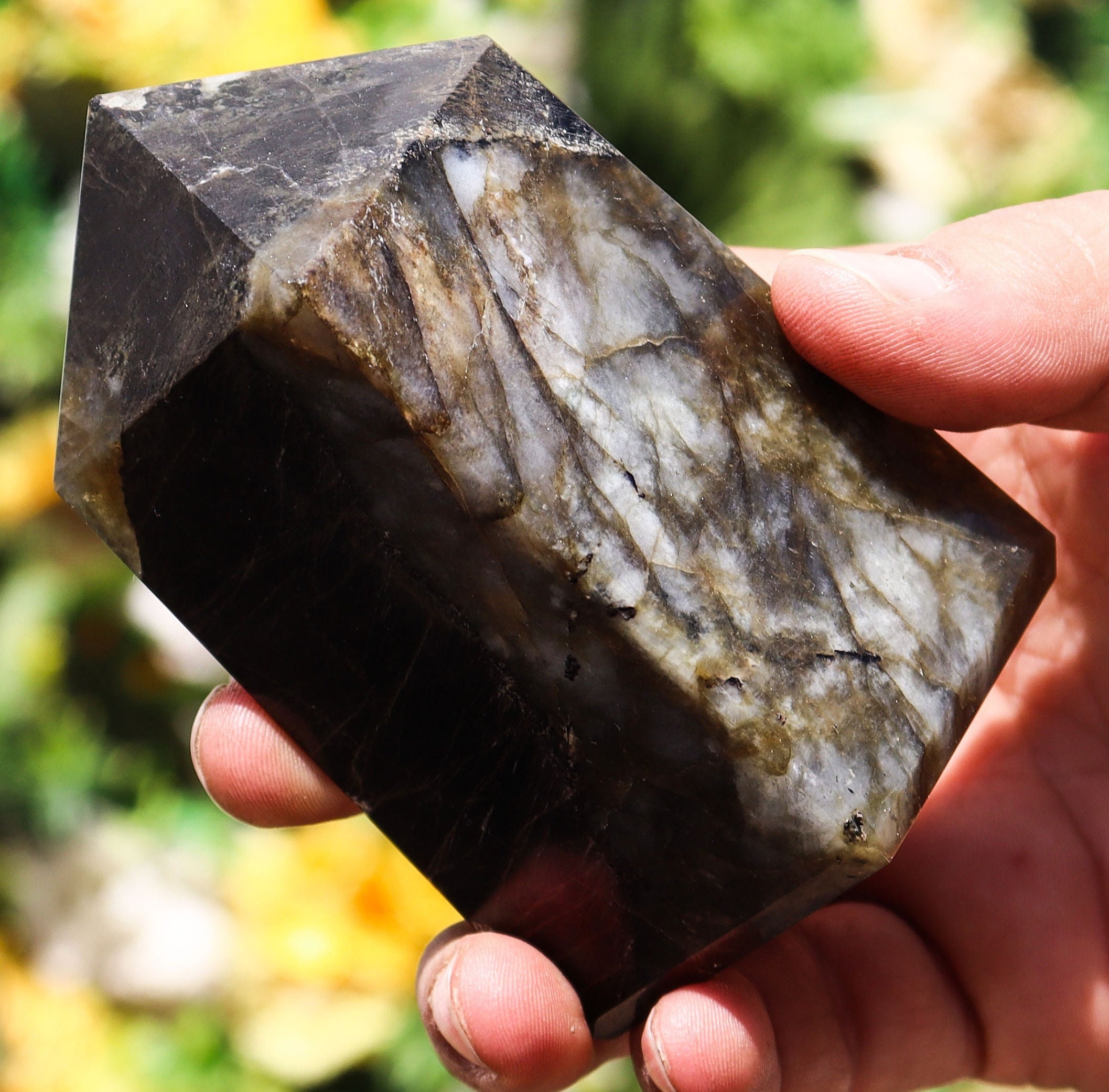 Black Labradorite Tower: Faceted Obelisk, Reiki Charged Gemstone Black Labradorite Tower: Faceted Obelisk, Reiki Charged Gemstone