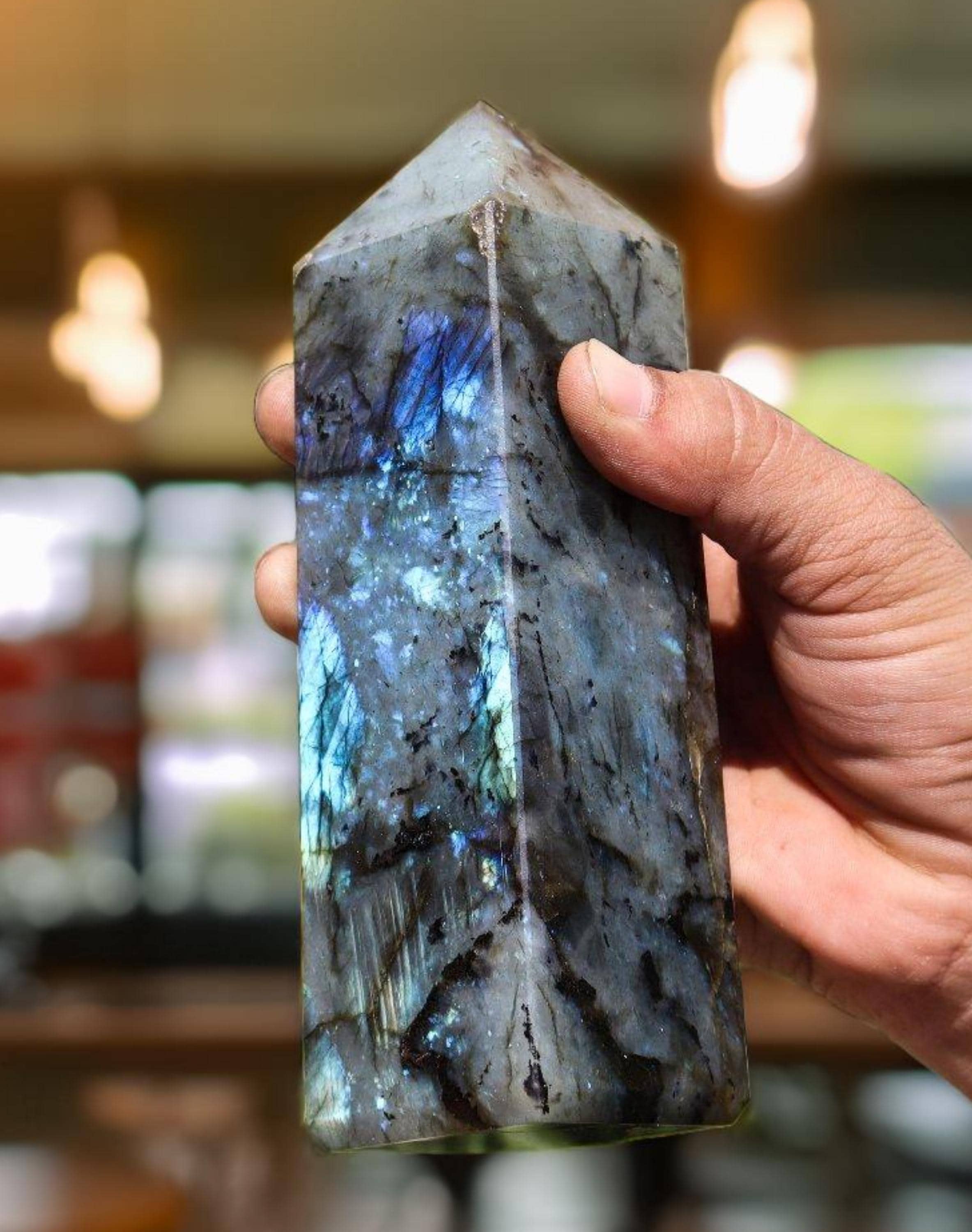 Blue Flash Labradorite Tower: 170mm Faceted Obelisk, Gothic Home Decor Blue Flash Labradorite Tower: 170mm Faceted Obelisk, Gothic Home Decor