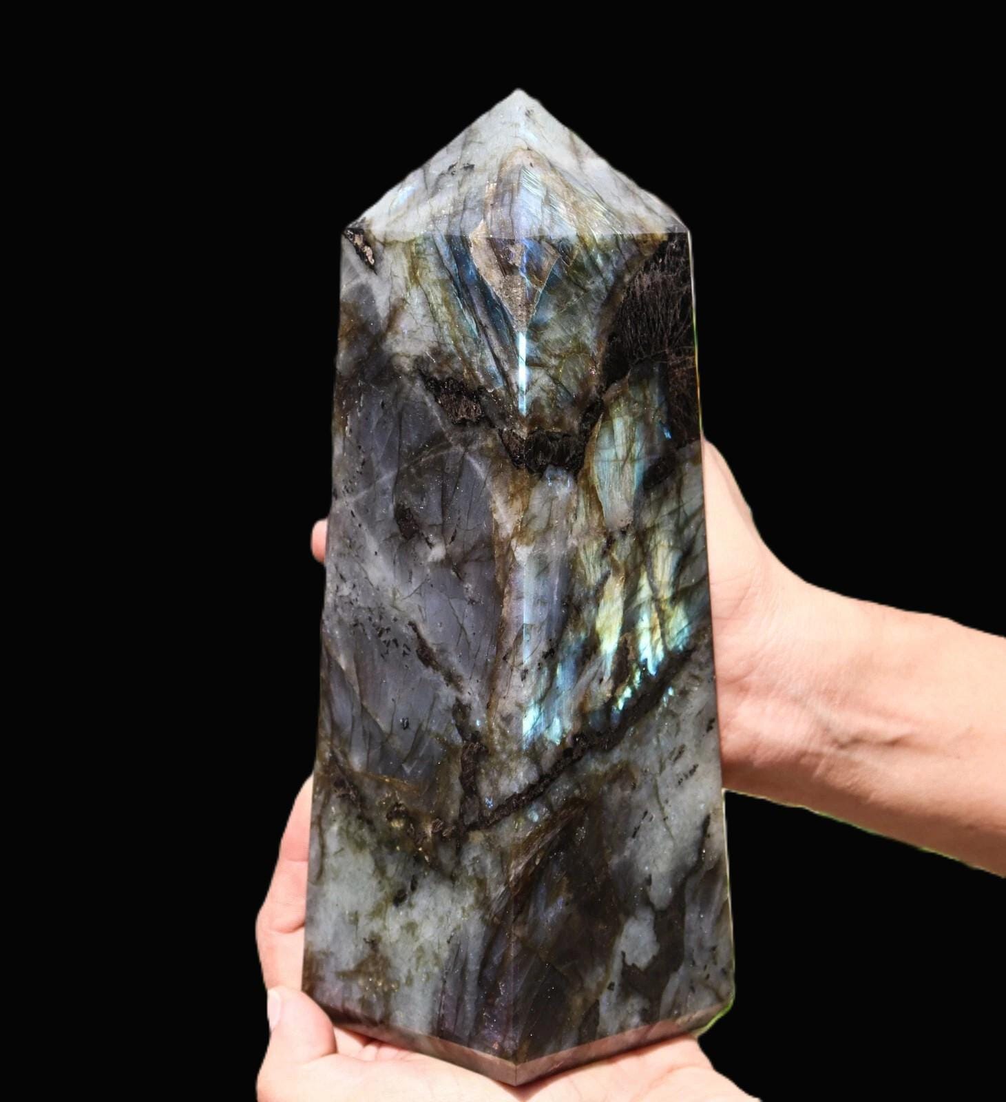Blue Flashy Labradorite Tower: 245mm Faceted Crystal Obelisk, Gothic Decor Blue Flashy Labradorite Tower: 245mm Faceted Crystal Obelisk, Gothic Decor