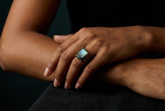 925 Labradorite Rectangle Custom Ring · Sterling Silver Gemstone Ring · Emerald Cut