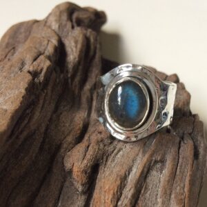 Adjustable Wide Band Labradorite Ring, Hammered Sterling Silver, Size 6-8
