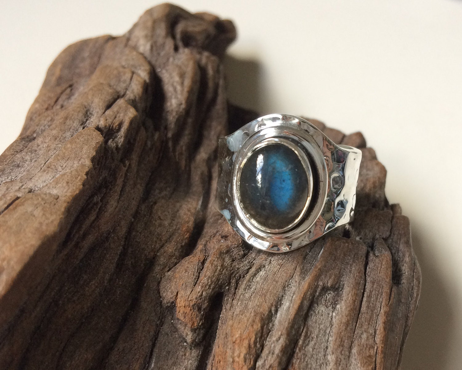 Adjustable Wide Band Labradorite Ring, Hammered Sterling Silver, Size 6-8 Adjustable Wide Band Labradorite Ring, Hammered Sterling Silver, Size 6-8