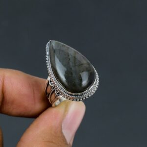 Antique Pear Labradorite Ring: Handmade 925 Sterling Silver, Size 7.25