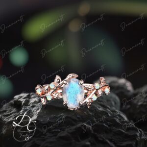 Art Deco Leaf Rose Gold Oval Labradorite Engagement Ring Nature Inspired Blue Gem Cluster Promise Ring Bridal Ring Jewelry Gitf For Her