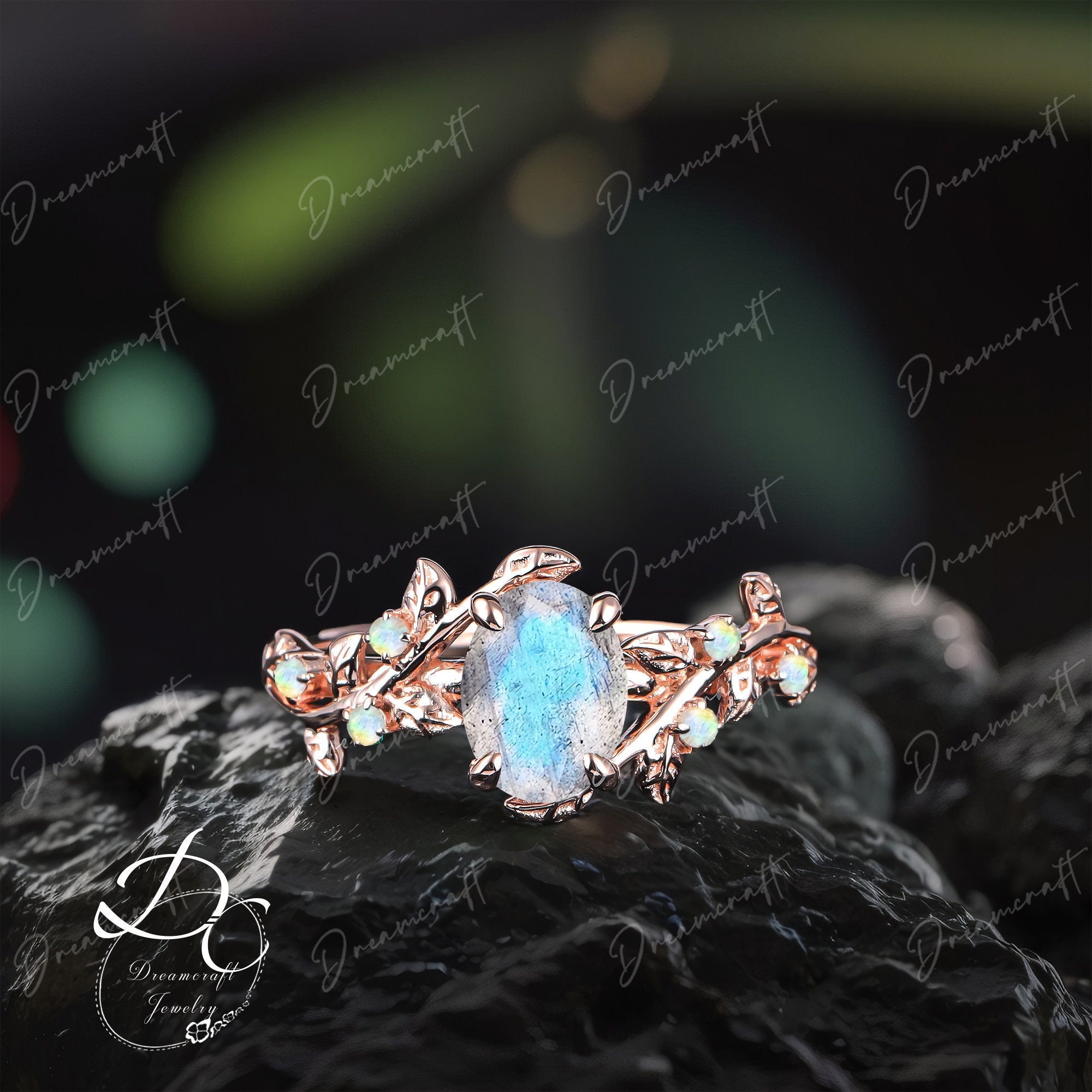 Art Deco Leaf Rose Gold Oval Labradorite Engagement Ring Nature Inspired Blue Gem Cluster Promise Ring Bridal Ring Jewelry Gitf For Her