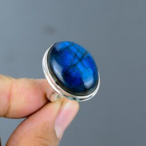 Blue Fire Labradorite Ring: Adjustable 925 Sterling Silver, Handmade