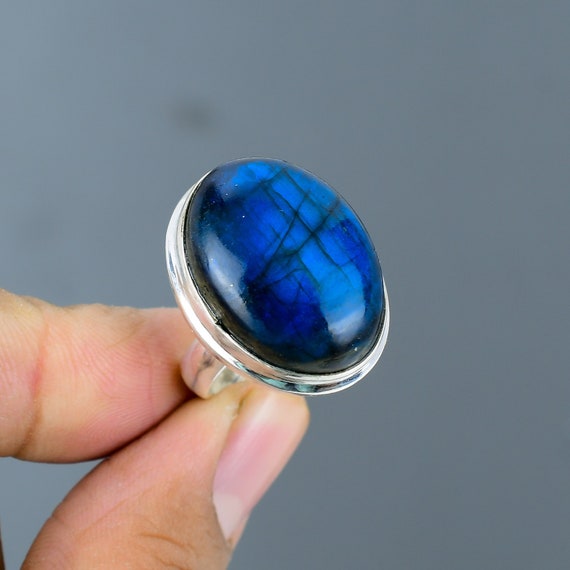 Blue Fire Labradorite Ring: Adjustable 925 Sterling Silver, Handmade