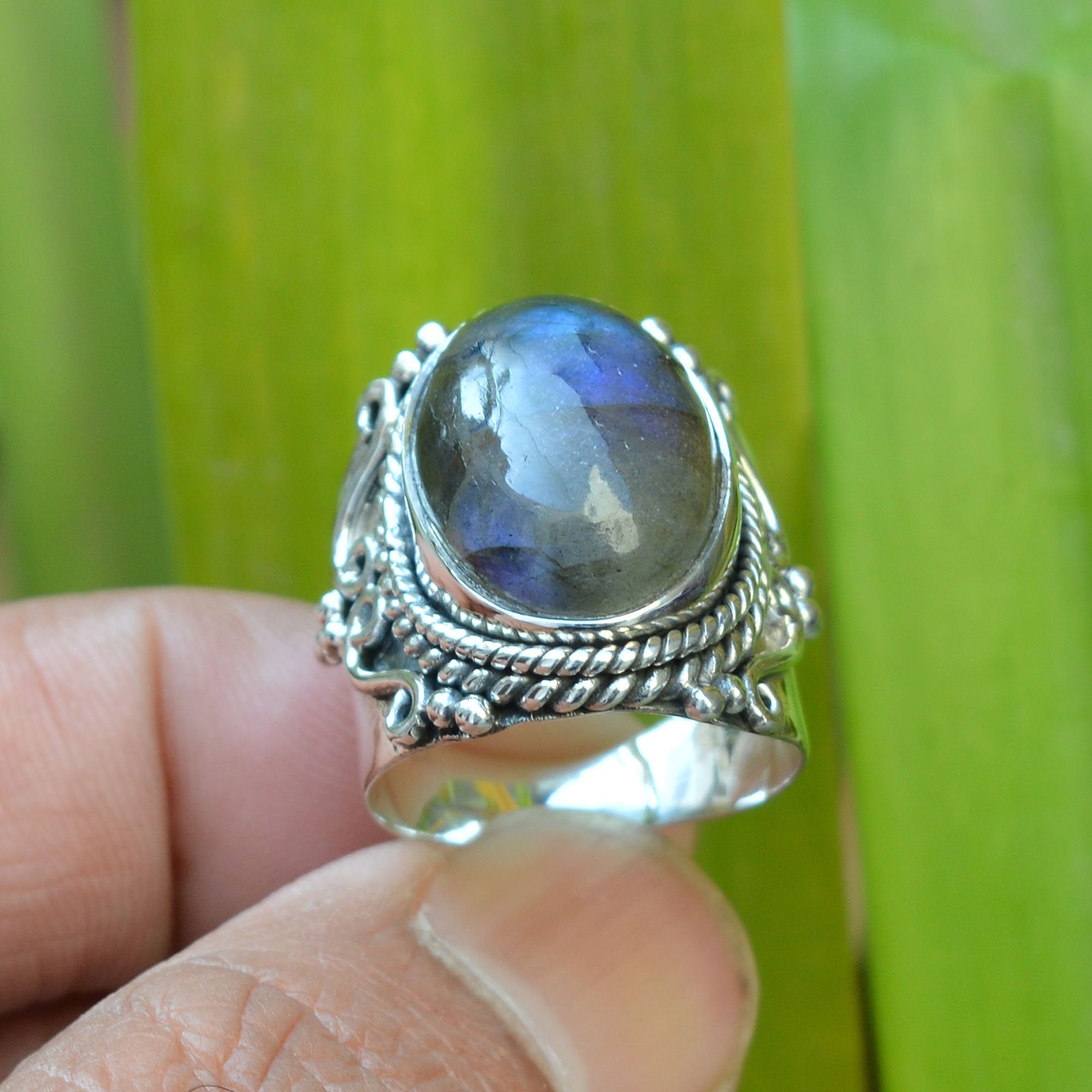 Blue Fire Labradorite Sterling Silver Ring: Handmade Meditation Band