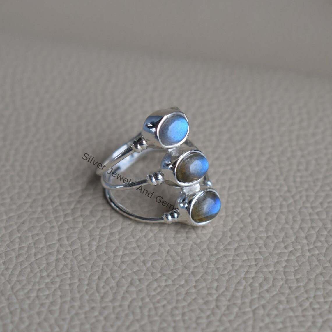 Blue Fire Labradorite Sterling Silver Ring, Multi Stone Triple Band Ring Blue Fire Labradorite Sterling Silver Ring, Multi Stone Triple Band Ring