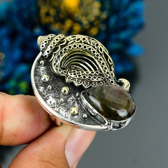 Labradorite Conch Shell Ring: 925 Sterling Silver Adjustable Jewelry
