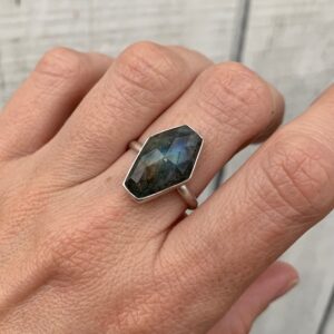 Edgy Geometric Labradorite Sterling Silver Ring | Coffin Labradorite Ring | Protection Stone | Gifts For Her | Shield Stone Ring | Halloween