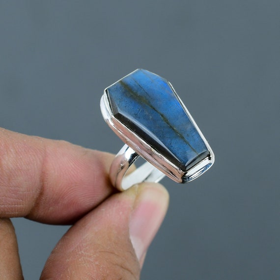 Handmade Coffin Labradorite Ring: Adjustable 925 Sterling Silver