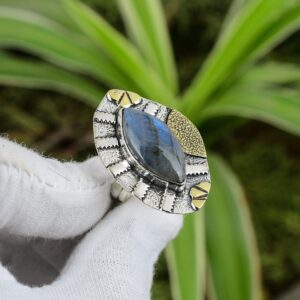 Handmade Marquise Labradorite Ring: 925 Sterling Silver, 18K Gold Plated, Adjustable Boho Jewelry