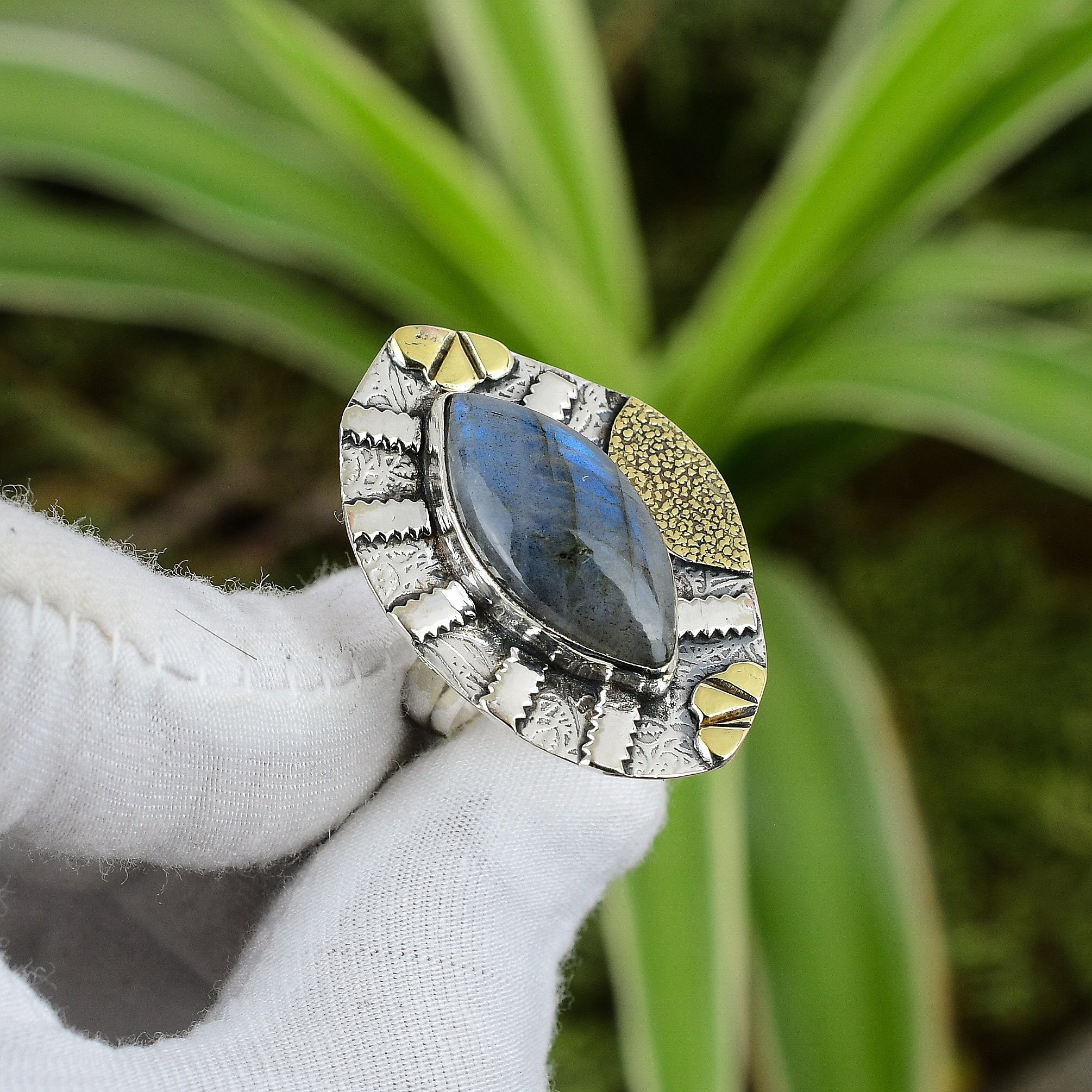 Handmade Marquise Labradorite Ring: 925 Sterling Silver, 18k Gold Plated, Adjustable Boho Jewelry