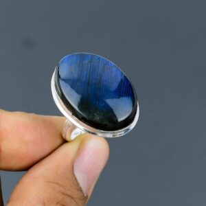 Handmade Oval Labradorite Ring: Adjustable 925 Sterling Silver
