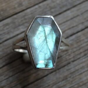 Handmade Sterling Silver Coffin Ring, Natural Rainbow Labradorite, Gothic Jewelry